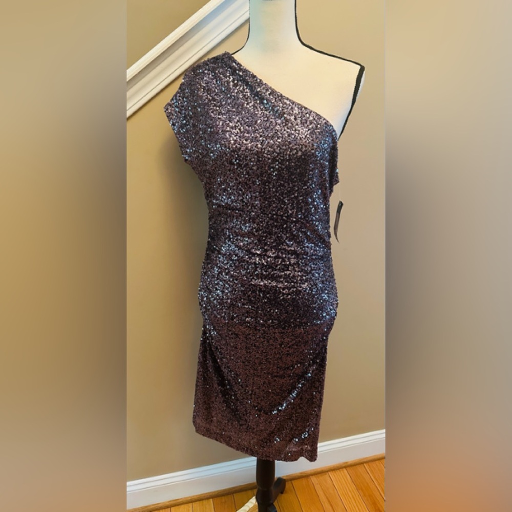 Lauren Ralph Lauren One Shoulder Cocktail Dress Purple Sequin Mini Sz#8 New
